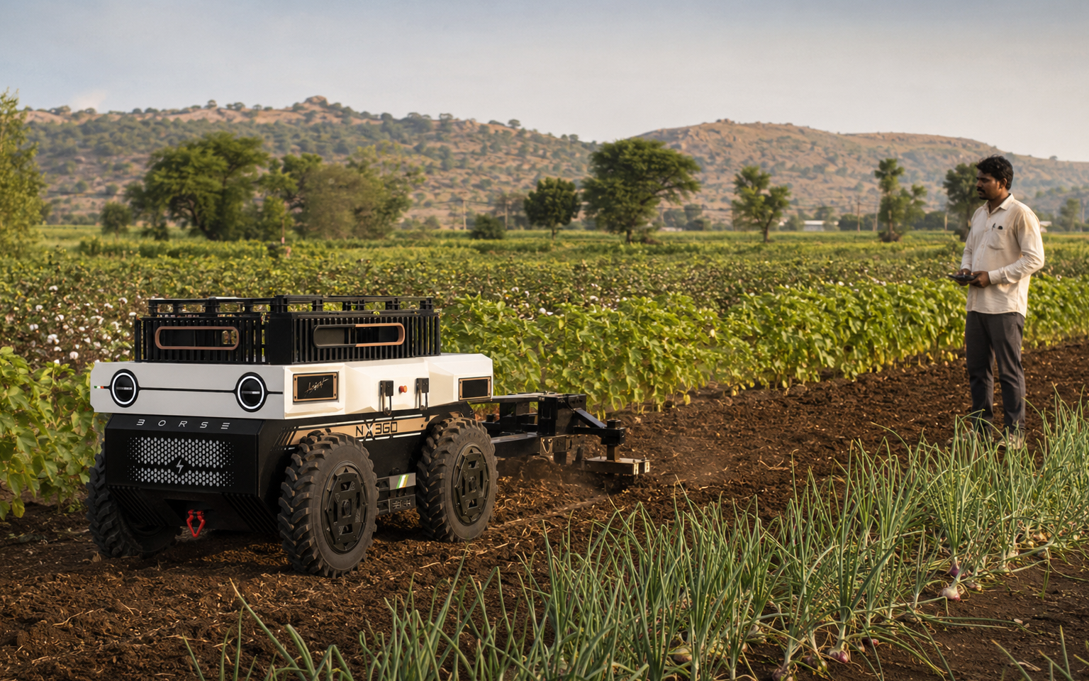 ASSIST moving farm inputs through an Indian field while a farmer supervises