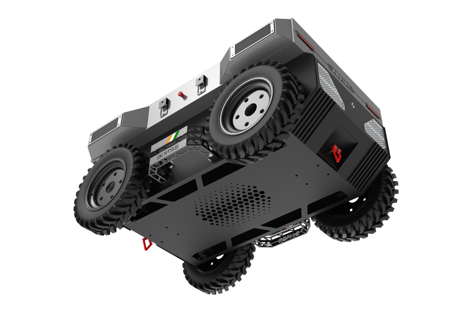 ASSIST vehicle underbody render showing protective structure, wheels and chassis