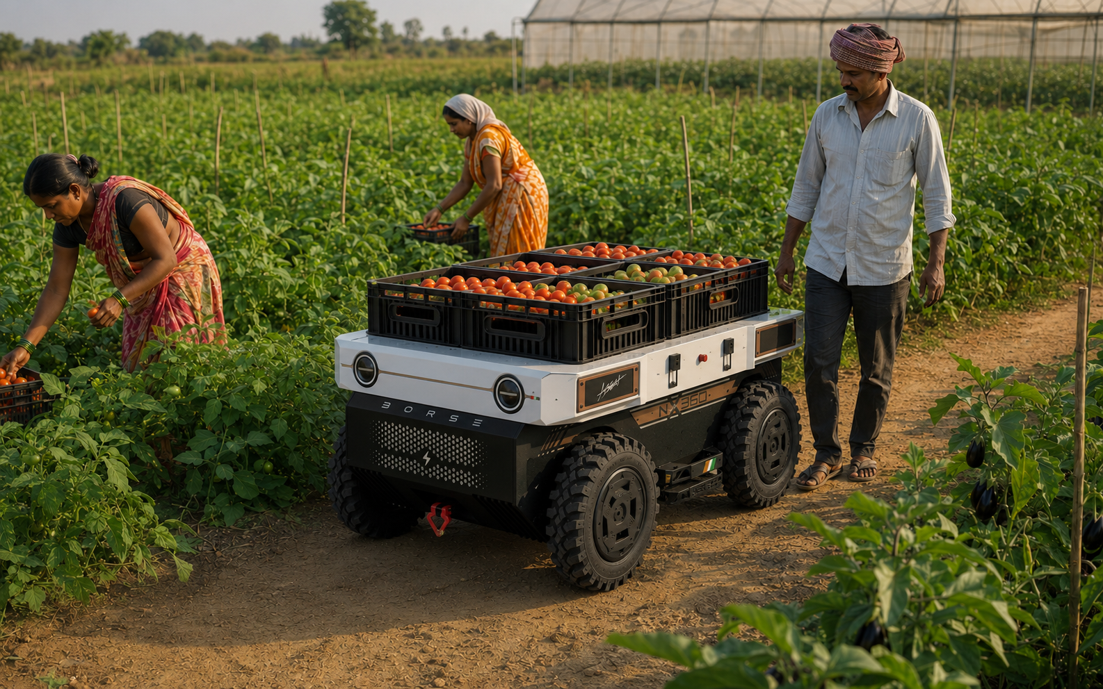 ASSIST carrying harvested vegetable crates alongside Indian farmers