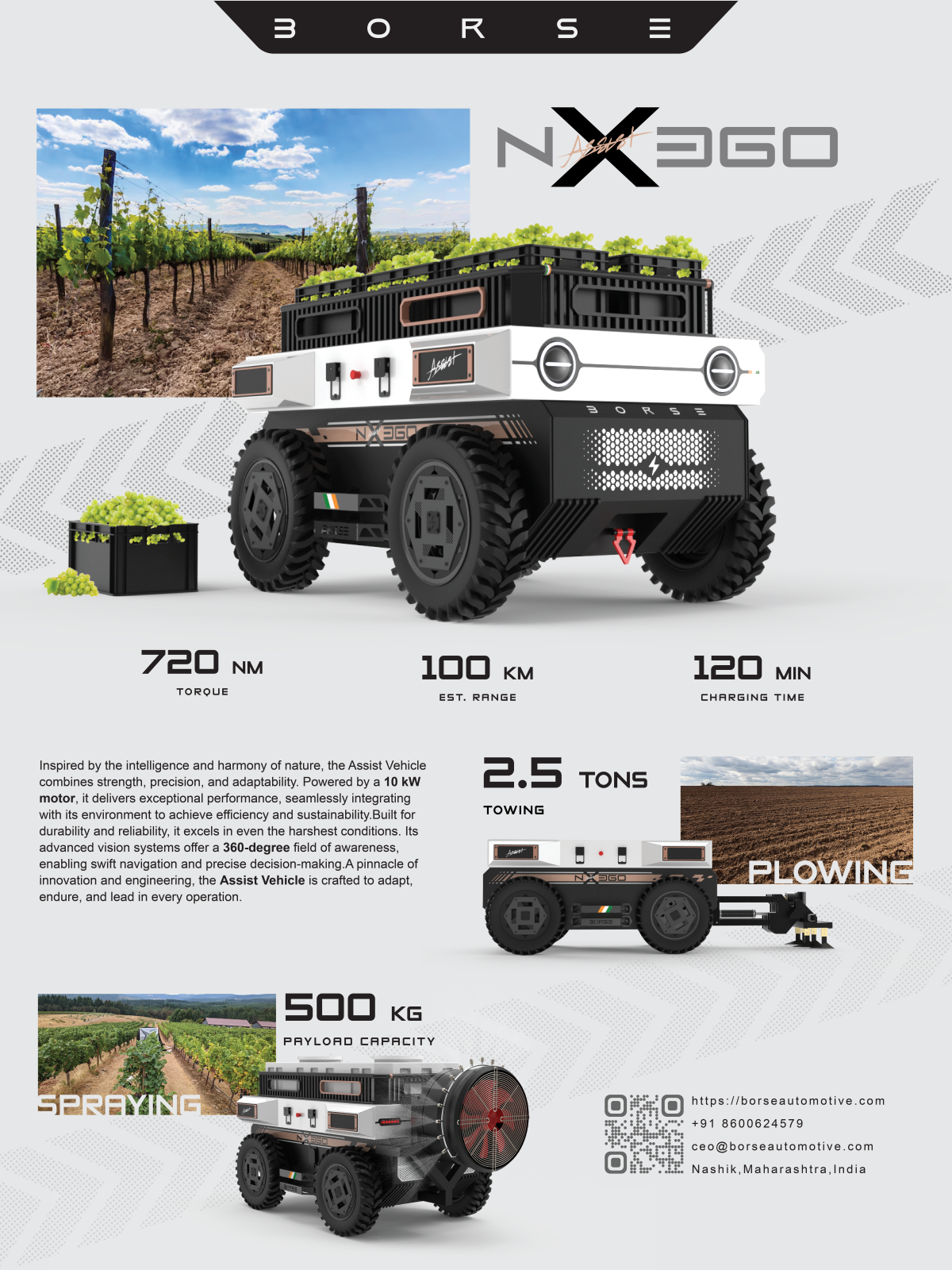 Official Borse Automotive ASSIST NX360 agriculture vehicle with carrying, plowing and spraying configurations