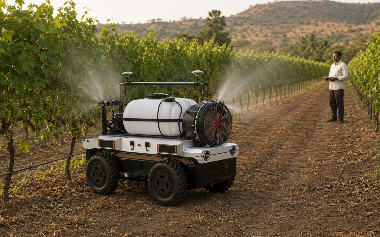 ASSIST carrying a sprayer tank between vineyard or orchard rows while a farmer supervises